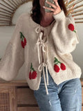 Cherry Pattern Tie-Front Oversized Cardigan
