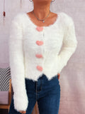 Fuzzy Heart Shape Button-Up Cardigan