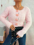 Fuzzy Heart Shape Button-Up Cardigan