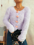 Fuzzy Heart Shape Button-Up Cardigan