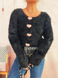 Fuzzy Heart Shape Button-Up Cardigan