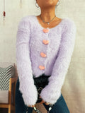 Fuzzy Heart Shape Button-Up Cardigan