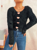 Fuzzy Heart Shape Button-Up Cardigan
