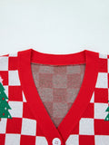 Christmas Tree Pattern Checkered Button V Neck Cardigan