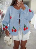 Cherry Pattern Tie-Front Oversized Cardigan