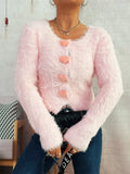 Fuzzy Heart Shape Button-Up Cardigan