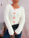 Fuzzy Heart Shape Button-Up Cardigan