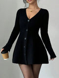 Button-Front V-Neck Knit Dress