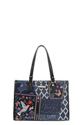 Bosque de Amor denim tote bag with colorful embroidery and stylish handle design, perfect for everyday use.