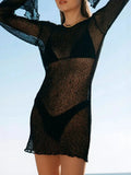 Sheer Backless Long Sleeve Mini Cover-Up Dress