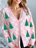 Christmas Tree Pattern Checkered Button V Neck Cardigan