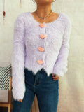 Fuzzy Heart Shape Button-Up Cardigan