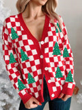 Christmas Tree Pattern Checkered Button V Neck Cardigan