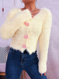 Fuzzy Heart Shape Button-Up Cardigan
