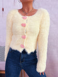 Fuzzy Heart Shape Button-Up Cardigan