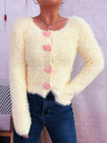 Fuzzy Heart Shape Button-Up Cardigan