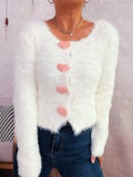 Fuzzy Heart Shape Button-Up Cardigan