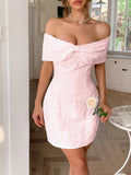 Bow Off-Shoulder Textured Mini Dress