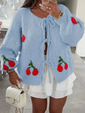 Cherry Pattern Tie-Front Oversized Cardigan