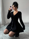 Button-Front V-Neck Knit Dress