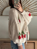 Cherry Pattern Tie-Front Oversized Cardigan