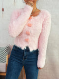Fuzzy Heart Shape Button-Up Cardigan