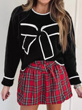 Contrast Trim Bow Accent Holiday Cropped Sweater
