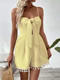 Tie-Front Textured Romper with Tassel Hem