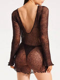 Sheer Backless Long Sleeve Mini Cover-Up Dress