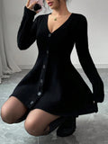 Button-Front V-Neck Knit Dress