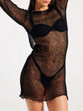 Sheer Backless Long Sleeve Mini Cover-Up Dress