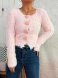 Fuzzy Heart Shape Button-Up Cardigan