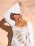 Openwork Square Neck Flare Sleeve Cover-Up Dress