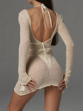Sheer Backless Long Sleeve Mini Cover-Up Dress