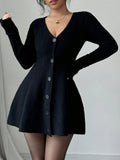 Button-Front V-Neck Knit Dress