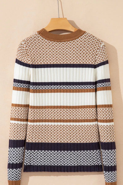 Stripe Stylish Pattern Knitted Ribbed Trim Slim Sweater