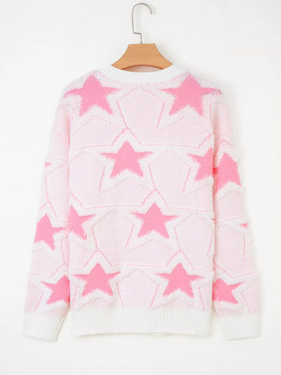 Oversized Star Pattern Ribbed Edge Drop Shoulder Sweater