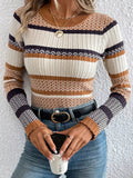 Stripe Stylish Pattern Knitted Ribbed Trim Slim Sweater