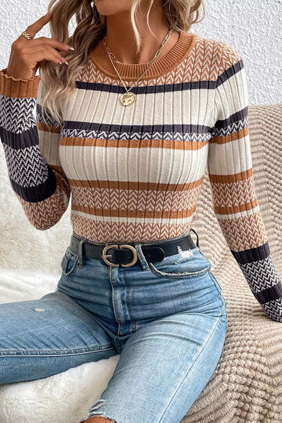 Stripe Stylish Pattern Knitted Ribbed Trim Slim Sweater