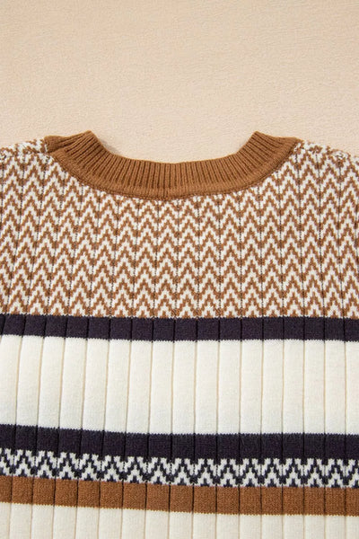 Stripe Stylish Pattern Knitted Ribbed Trim Slim Sweater