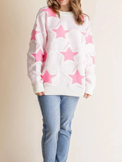 Oversized Star Pattern Ribbed Edge Drop Shoulder Sweater
