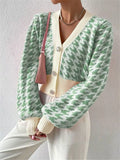 Houndstooth V-Neck Button Up Cardigan