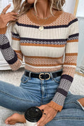 Stripe Stylish Pattern Knitted Ribbed Trim Slim Sweater