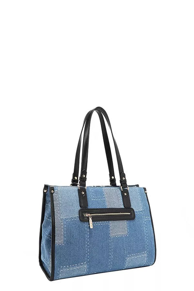 Bosque de Amor denim tote bag featuring a stylish patchwork design with black leather straps.