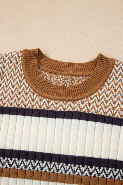Stripe Stylish Pattern Knitted Ribbed Trim Slim Sweater