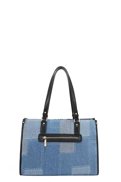 Bosque de Amor denim tote bag featuring a chic design with a combination of durable cotton denim and stylish black accents.