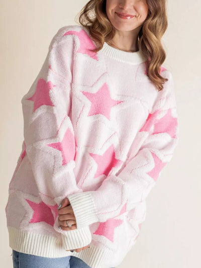 Oversized Star Pattern Ribbed Edge Drop Shoulder Sweater