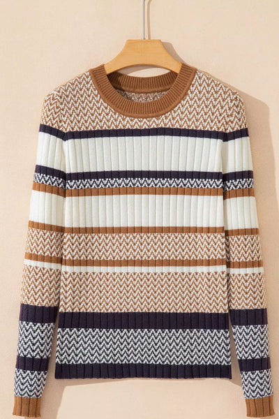 Stripe Stylish Pattern Knitted Ribbed Trim Slim Sweater