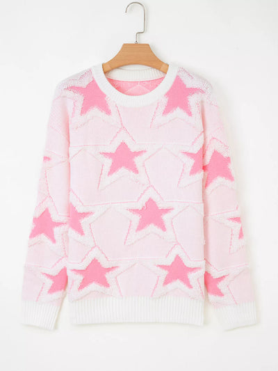 Oversized Star Pattern Ribbed Edge Drop Shoulder Sweater
